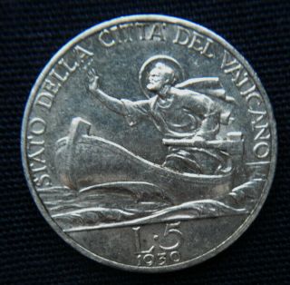 1930 Vatican Italy Rare Silver Coin 5 Lire Aunc Saint Peter Xi