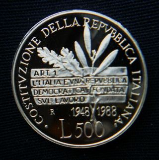 1988 Italy Rare Silver Coin 500 Lire Proof/unc Costituzione Repubblica