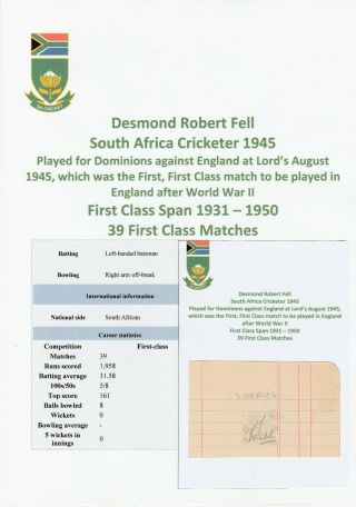 Desmond Fell South Africa Test Cricketer 1945 Rare Autograph