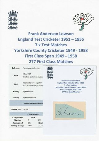 Frank Lowson England Test Cricketer 1951 - 1955 Rare Autograph
