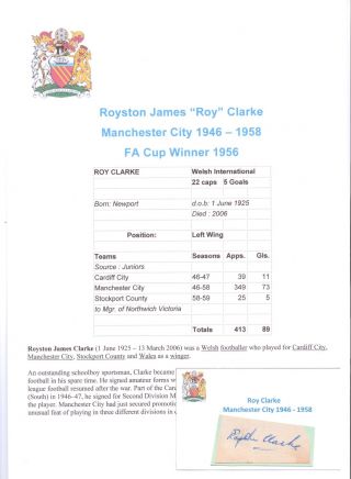 Football Autograph Roy Clarke Manchester City 1946 - 1958 Rare Signature