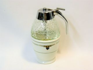Adorable Vintage 2 - Pc Glass & Painted Porcelain Honey Or Syrup Dispenser - Rare