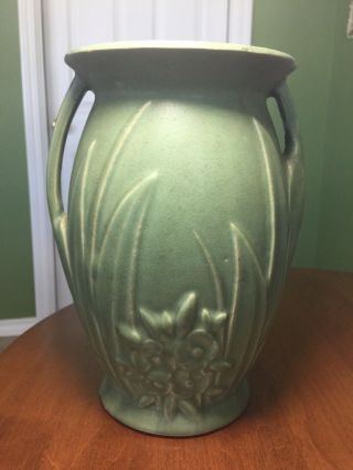 Rare 1930’s Matte Green Nelson Mccoy Uneven Handled 9” Tall Vase
