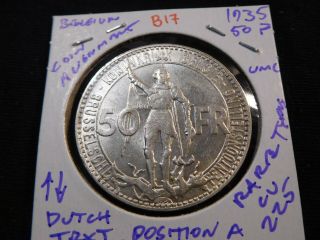 B17 Belgium 1935 50f Unc Rare Type ↕ Coin Alignment Dutch Text Position A Cv=225