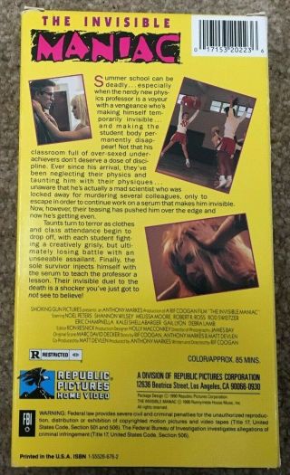 Invisible Maniac VHS adult murder sex terror noel peters wilsey RARE 1990 2