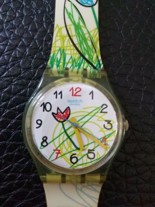 Rare 2004 Authentic Swatch Watch Gn216 Gribouillis Drawings Sun Flowers Spring