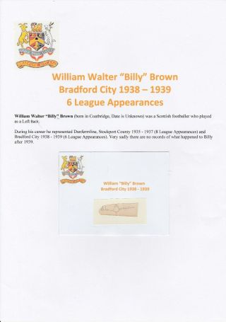 Billy Brown Bradford City 1938 - 1939 Very Rare Hand Signed Cutting/card
