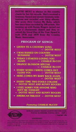 DOTTIE WEST Live CONCERT Clips VHS,  KENNY ROGERS & CHARLIE McCOY 1982 VRC RARE 2