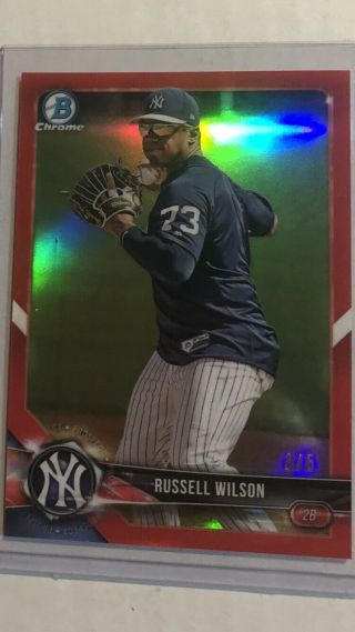 2018 Russell Wilson Bowman Chrome Red Refractor Yankees Rare ’d 3/5 Jersey
