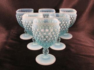 Rare Fenton Blue Opalescent Hobnail Square Water Goblets 3846 Set Of 6 Exc Cond