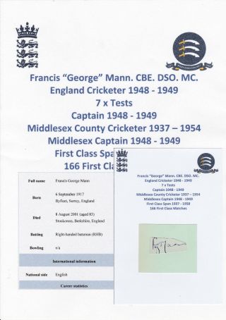 George Mann England Test Cricketer 1948 - 1949 - 7 X Tests Rare Autograph Cutting