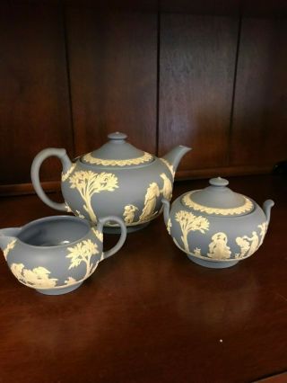 Rare Wedgwood Blue Jasperware Tea Set 1950s Teapot Sugar W/lid Creamer