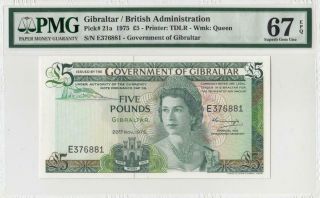 1975 Government Of Gibraltar Qeii 5 Pounds Rare Date ( (pmg 67 Epq))