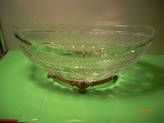 Vintage Rare Cut Crystal W/ Beveled Edge On Brass Base Centerpiece Bowl
