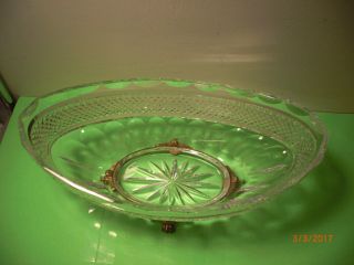 Vintage Rare Cut Crystal w/ Beveled Edge on Brass Base Centerpiece Bowl 3
