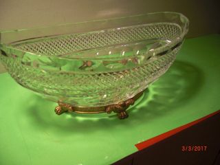 Vintage Rare Cut Crystal w/ Beveled Edge on Brass Base Centerpiece Bowl 7