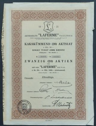 Estonia/russia - Laferme Tallinna (tobacco) - 1923 - 20 Shares - Rare -