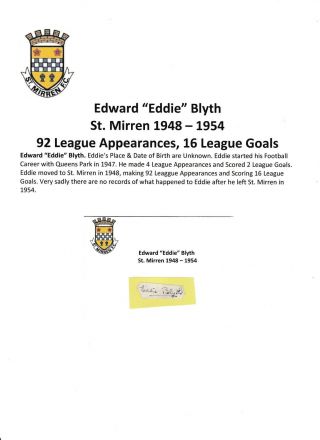 Eddie Blyth St Mirren 1948 - 1954 Rare Hand Signed Cutting/card