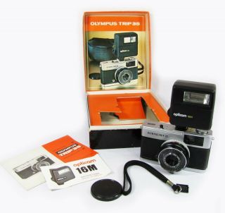 Rare Olympus Trip 35 Boxed Kit 35mm Film Camera With Opticam Flash & Booklets