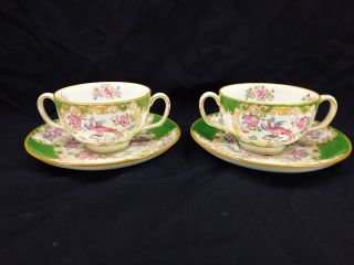 Very Rare Minton Cockatrice Green Cream Soup Bowls With Saucers