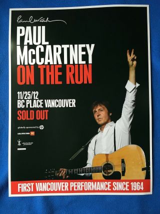 Paul Mccartney 2012 On The Run Concert Tour Poster " Rare " Beatles Wings