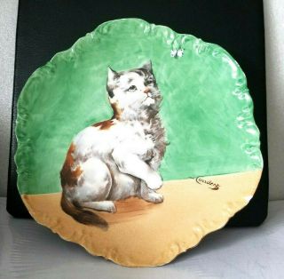 Antique Coronet Limoges France Hand Painted Cat Plate,  Signed 9 3/4 .  Rare Fund