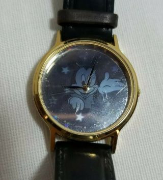 Rare Retro Lorus By Seiko Mickey Mouse 3d Hologram Dial Gold Tone Watch 35mm