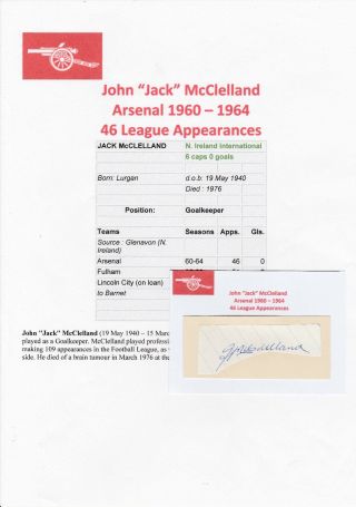 Jack Mcclelland Arsenal1960 - 1964 Rare Autograph Cutting/card