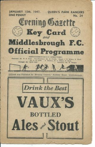 Rare Middlesbrough V Qpr Prog Fa Cup 15/01/1947 1946/47 Season