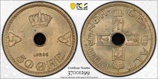 1926 Norway 50 Ore Ms63 Pcgs Very Rare In Unc - Xbeh