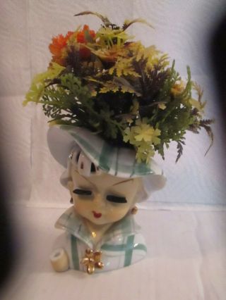 Rare Flowers Vintage Retro 4 - 1/2 " Lady Head Vase Planter Gold Earrings