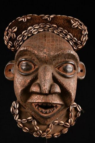 10179 Rare Bamileke / Bamun Tribe Puka Shell Queen Mask Cameroon Wood Carved