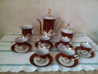 Vintage Soviet Porcelain Rare Coffee Set For 6 Persons Burgundy Rich Gilding