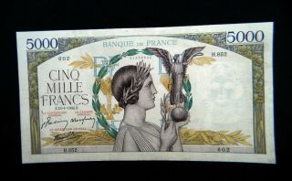 1942 France Extra Large Rare Banknote 5000 Francs Xf