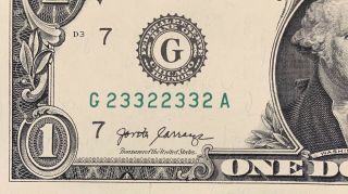 2017 G Series $1 One Dollar Bill Fancy Rare Binary Repeater Radar Note Cool Frn