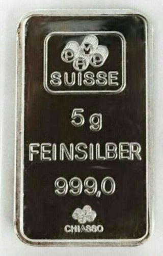 Rare Vintage 5 Gram Pamp Suisse Silver Bar.  999 Fine