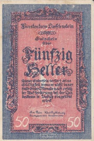 Principality Of Liechtenstein - Pick 3 - Rare 1920 50 Heller Banknote - Notgeld