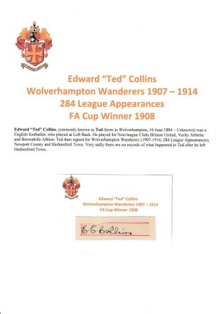 Ted Collins Wolverhampton Wanderers 1907 - 1914 Extremely Rare Orig Signed Cutting
