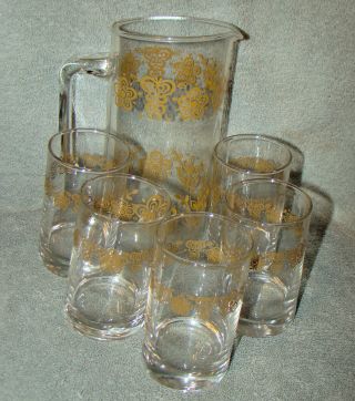 Vintage Rare 6 Piece Pyrex Gold Butterfly Juice Decanter Pitcher And Glasses