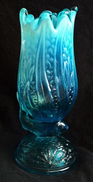 C.  1905 Rare Fish In The Sea Blue Opalescent Glass Vase Tygart Valley Glass Co