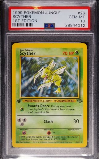 1999 Pokemon 1st Edition Jungle Rare Scyther 26 Psa 10 Gem