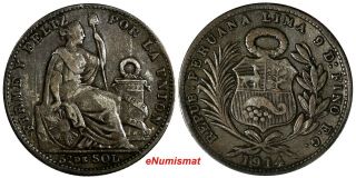 Peru Silver 1914 Fg 1/5 Sol Rare Date Mintage - 10,  000 Km 205.  2