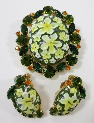 Rare Juliana D&e Molded Enamel Flower Pin Brooch & Clip Earrings Set