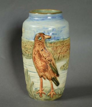 Rare 1920s Weller Glendale 6 " Art Pottery Vase With Bird And Cattails