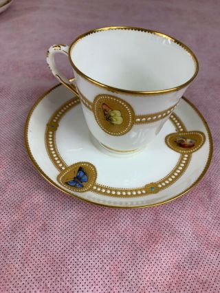 Rare Royal Worcester Hand Painted Butterflies & Jeweled Cup & Saucer C.  1880s