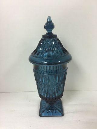 Rare Vintage Indiana Glass Blue Mt Vernon Covered,  Pedestal Lidded Candy Dish