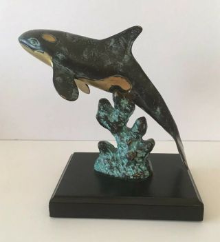 Rare Spi Gallery Cast Brass Orca Killer Whale Sculpture On Wood Like Base