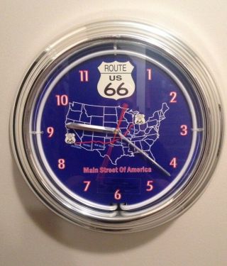 Route 66 Neon Wall Clock Main Street Of America Decor Diner Cave Red/blue Rare