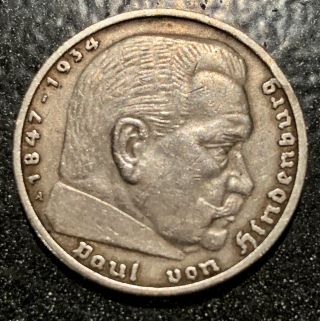 German 1937 A 5 Mark Ww2 Silver Coin Third Reich Swastika Reichsmark Rare