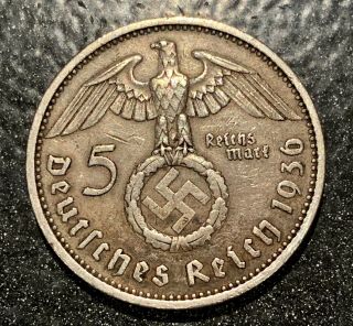 German 1937 A 5 Mark WW2 Silver Coin Third Reich Swastika Reichsmark Rare 2